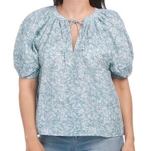 House of Harlow 1960 Boho Chic Martine Puff Sleeve Blouse Seafoam Print Size XS